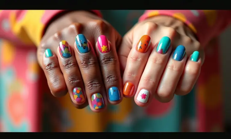 Unhas decoradas com mosaicos coloridos e geométricos.