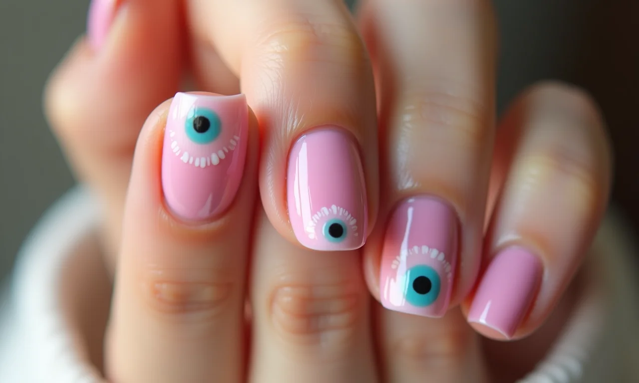 Unhas decoradas com olho grego rosa delicado, cores pastel.