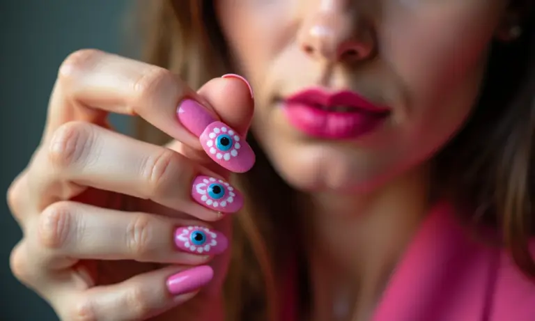 Unhas decoradas com olho grego rosa, design moderno e estiloso.
