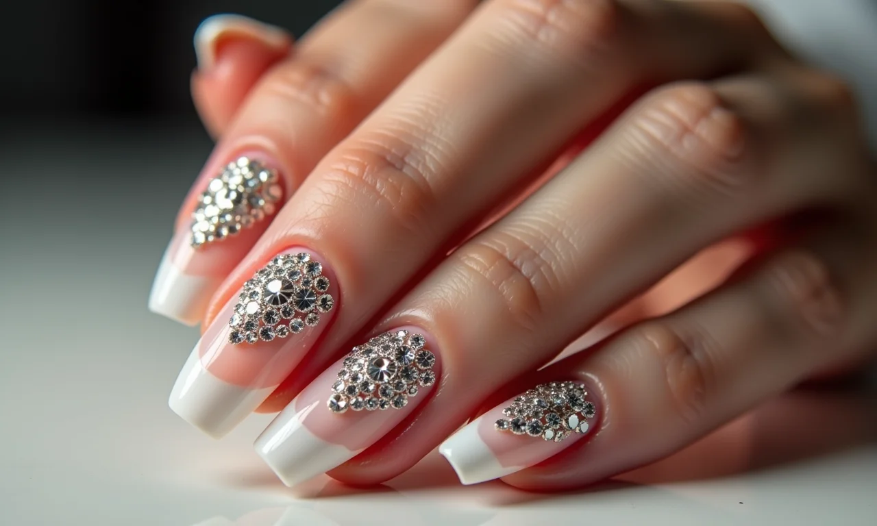 Unhas decoradas com pedrarias, com brilho e elegância.
