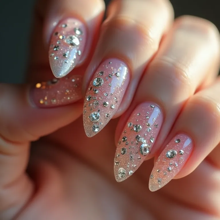 Unhas decoradas com pedrarias e strass para o Réveillon.