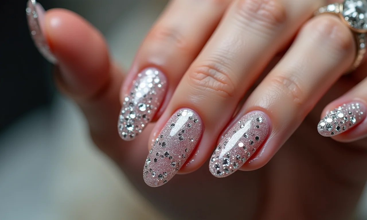 Unhas decoradas com pedrarias e strass.