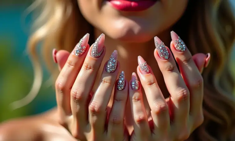 Unhas decoradas com pedras brilhantes e luxuosas.