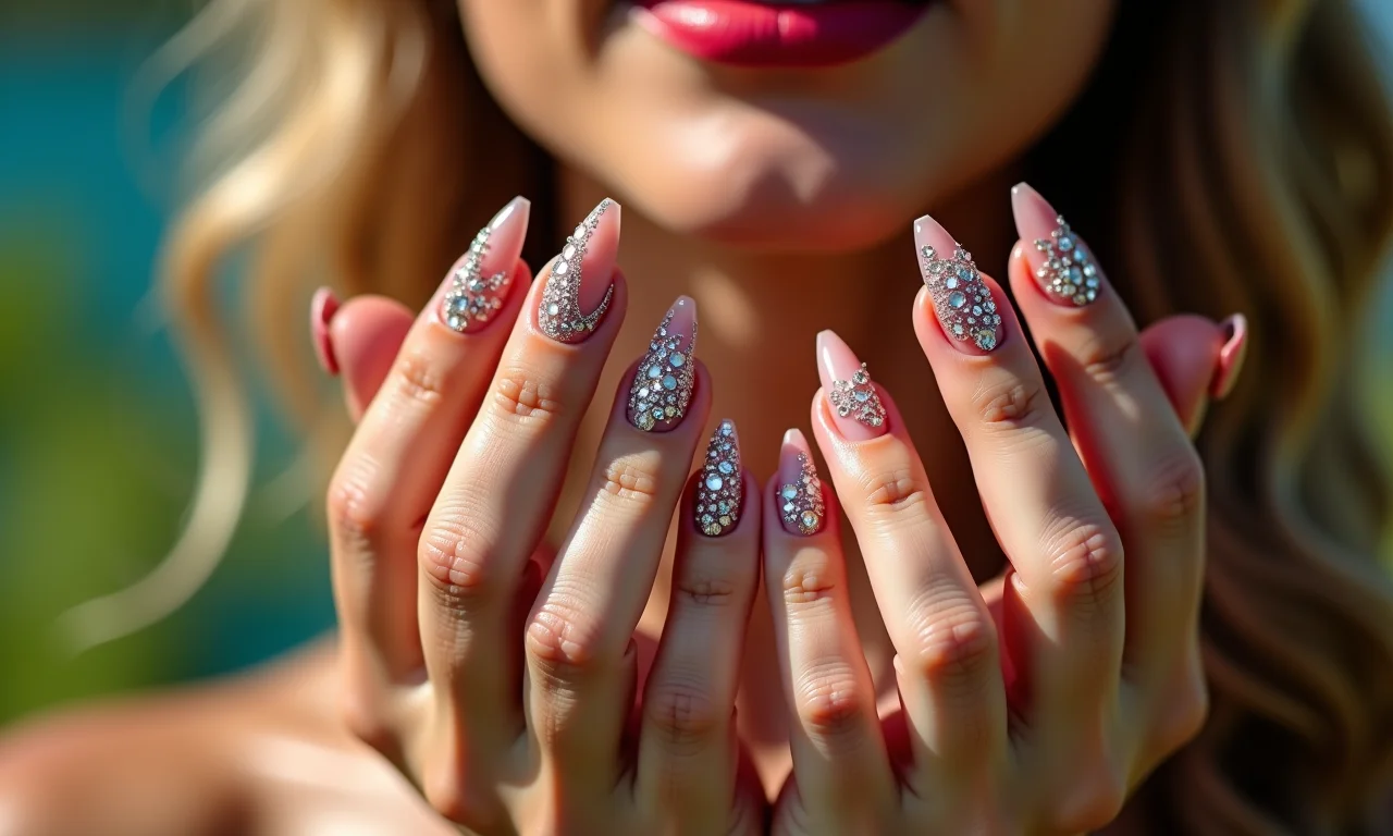 Unhas decoradas com pedras brilhantes e luxuosas.