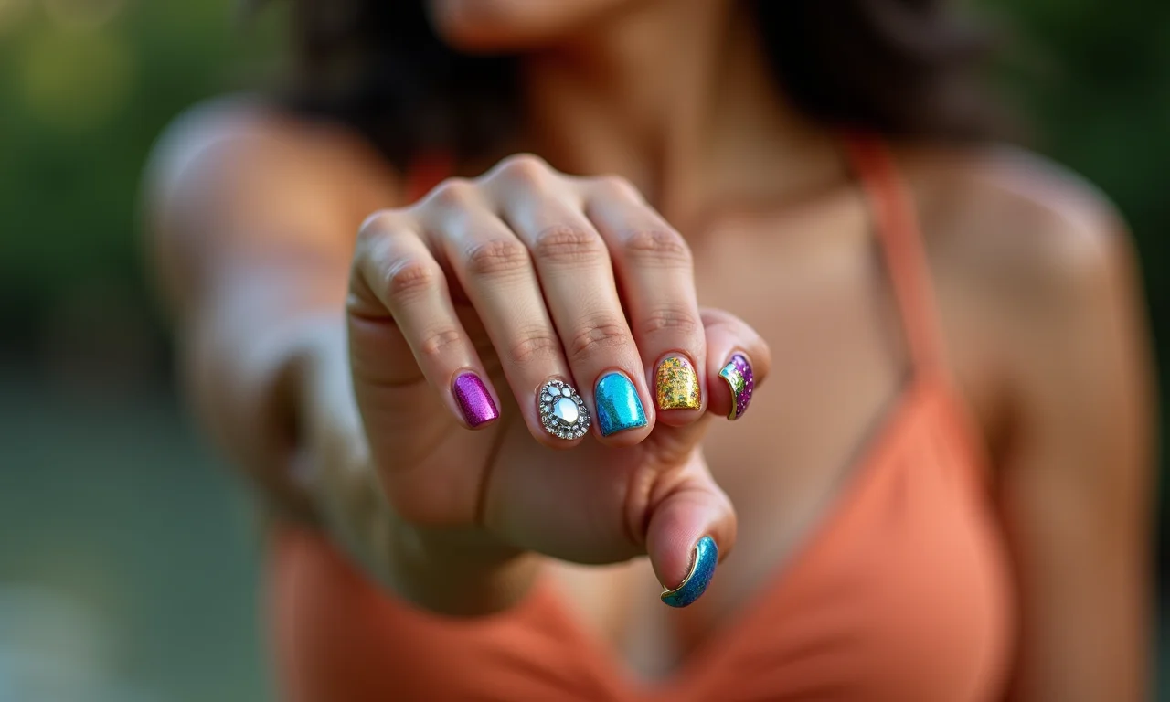 Unhas decoradas com pedras coloridas e vibrantes.