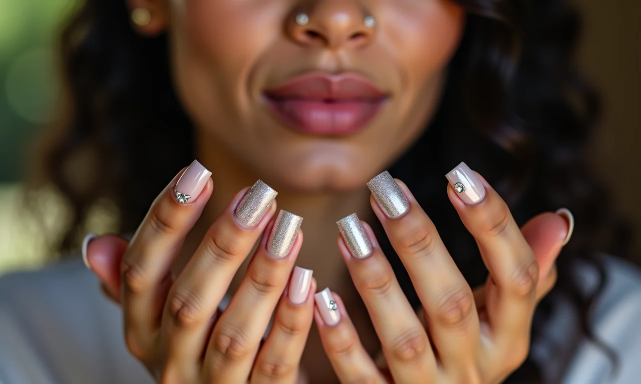 Unhas decoradas com pedras e glitter brilhante.