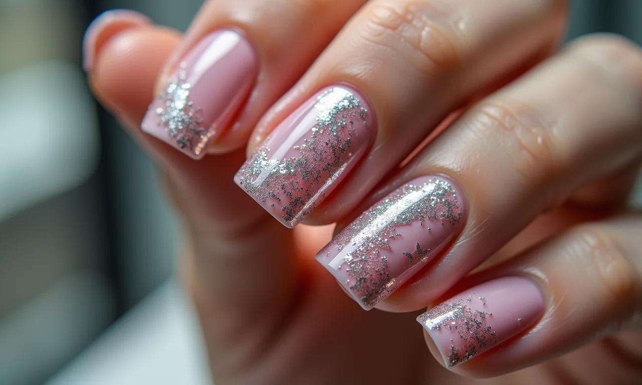 Unhas decoradas com película e brilho.