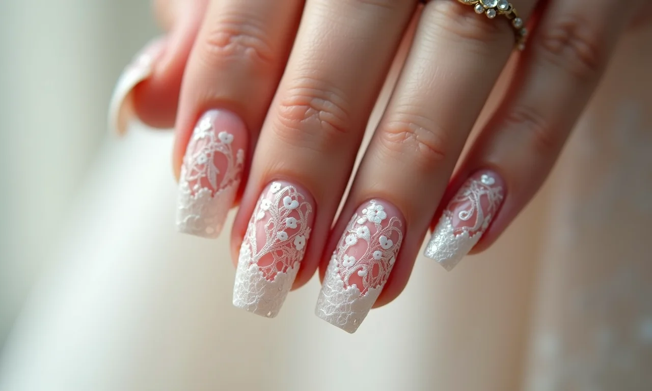 Unhas decoradas com renda, um toque vintage e romântico.