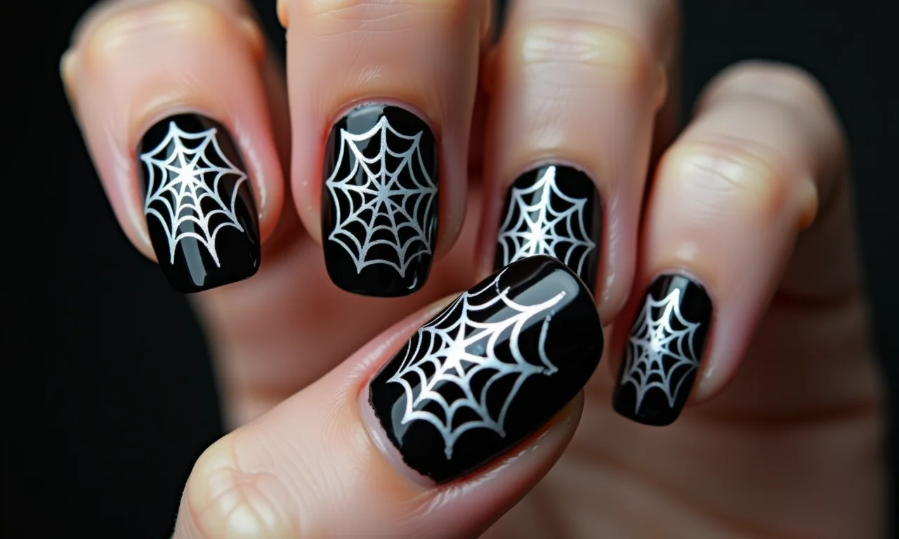 Unhas decoradas com teias de aranha.