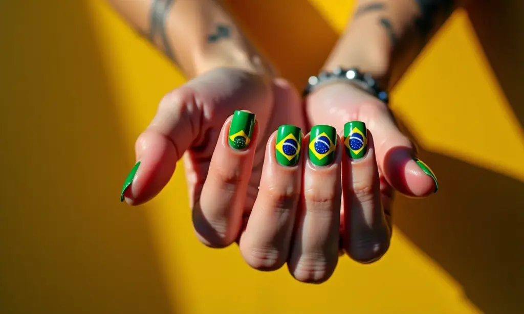 Unhas decoradas com tema da Copa do Mundo, verde e amarelo.