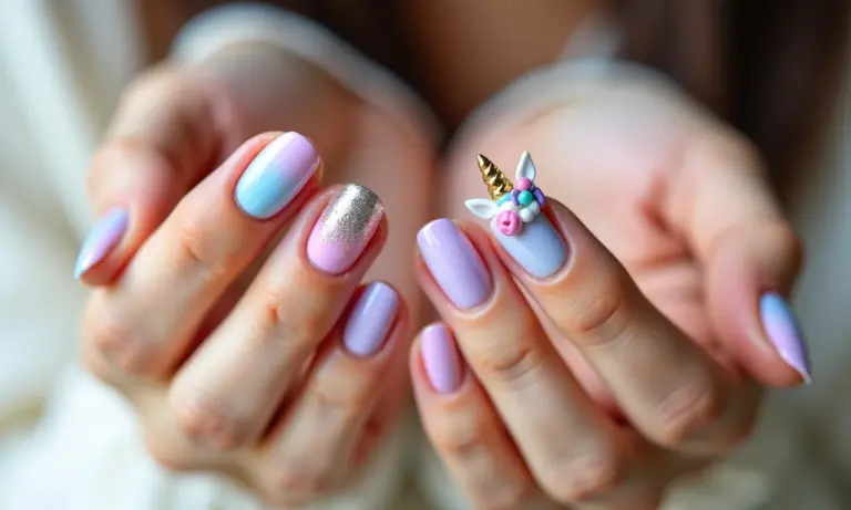 Unhas decoradas com tema de unicórnio em tons pastel e glitter