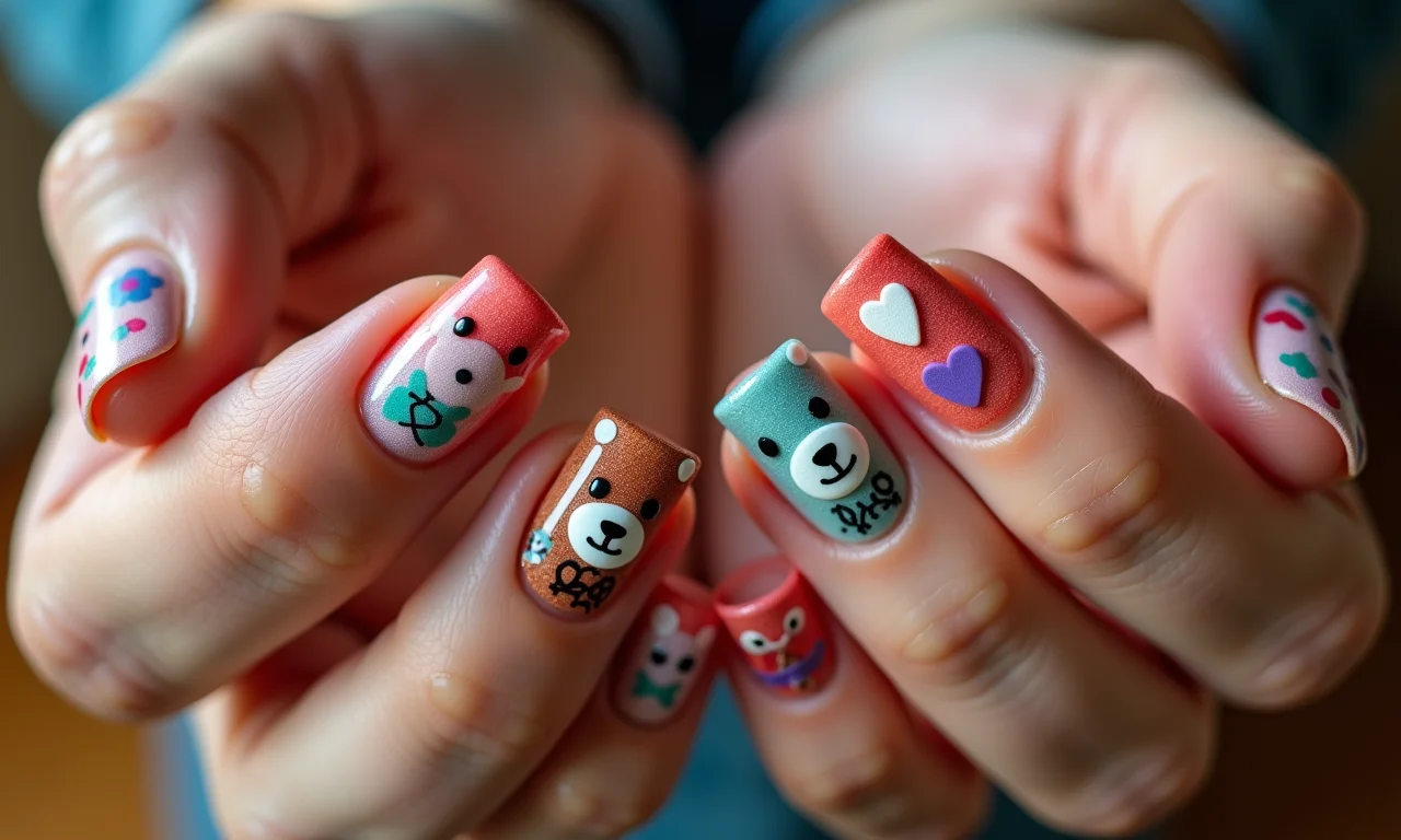 Unhas decoradas com tema de ursinho, design criativo e colorido.