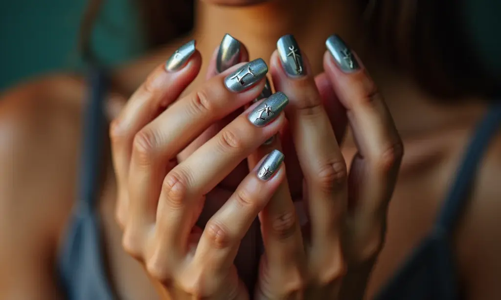 Unhas decoradas com terço delicado em mãos femininas.