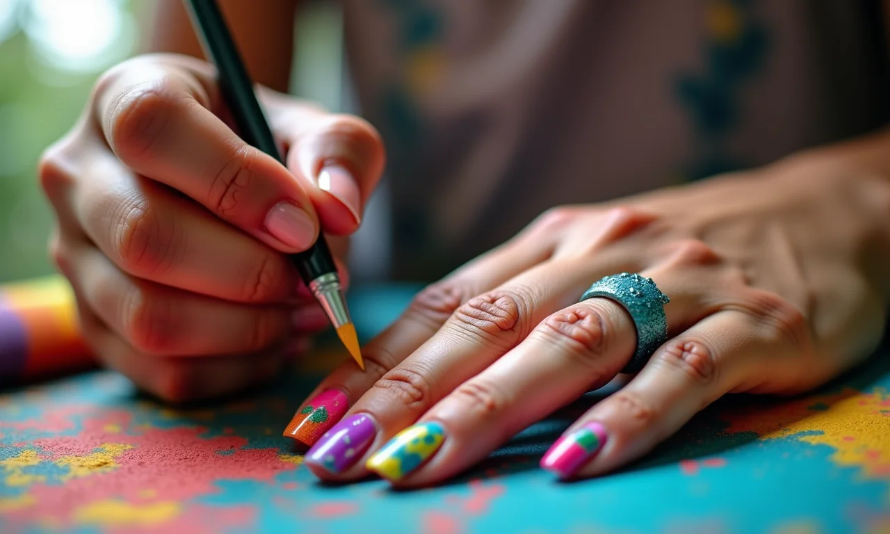 Unhas decoradas com tinta de tecido em mãos diversas.