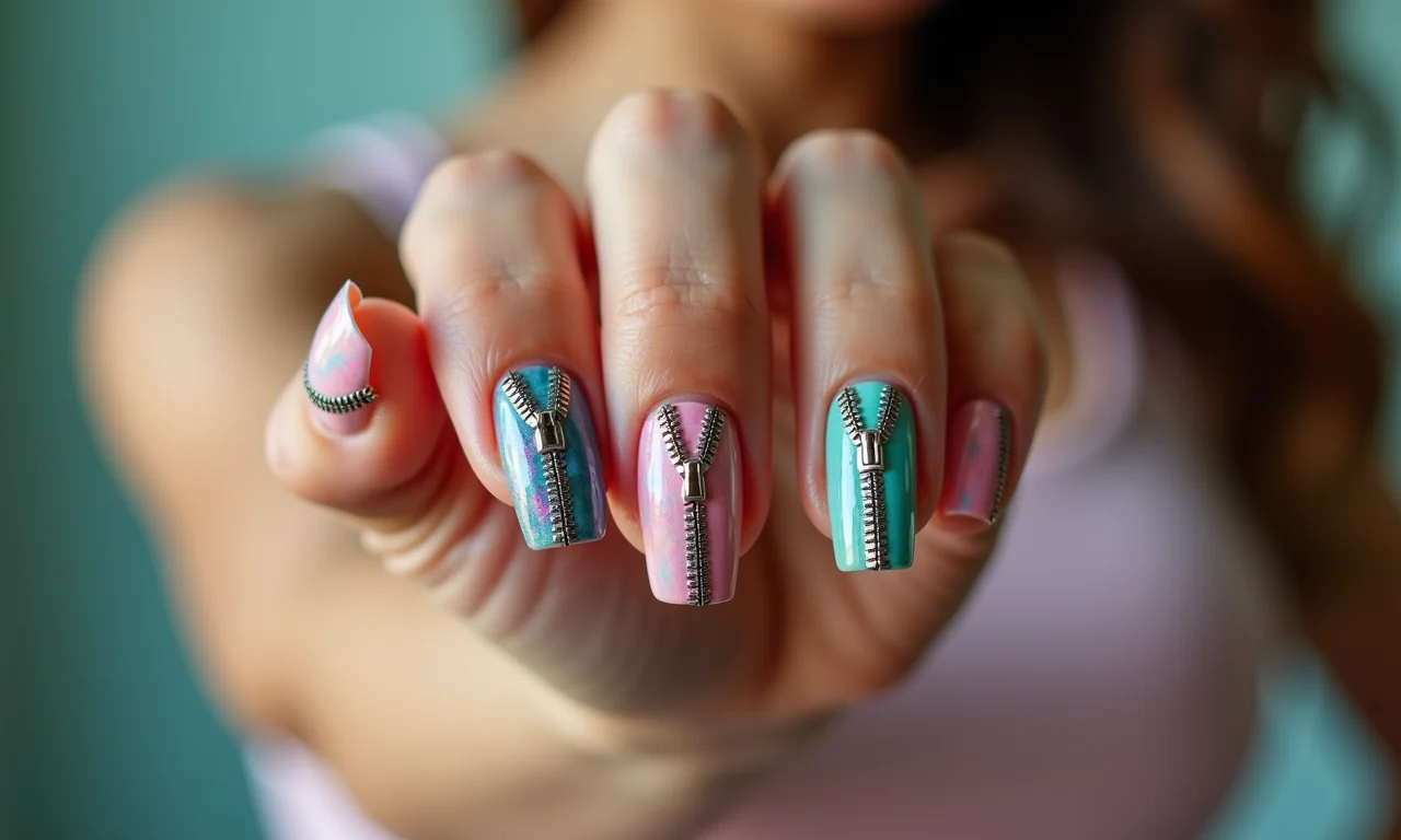 Unhas decoradas com zíper colorido e detalhado.