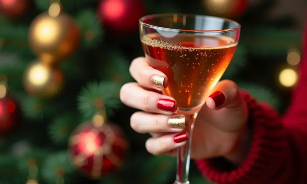Unhas decoradas de Natal em vermelho e dourado segurando taça de champanhe.