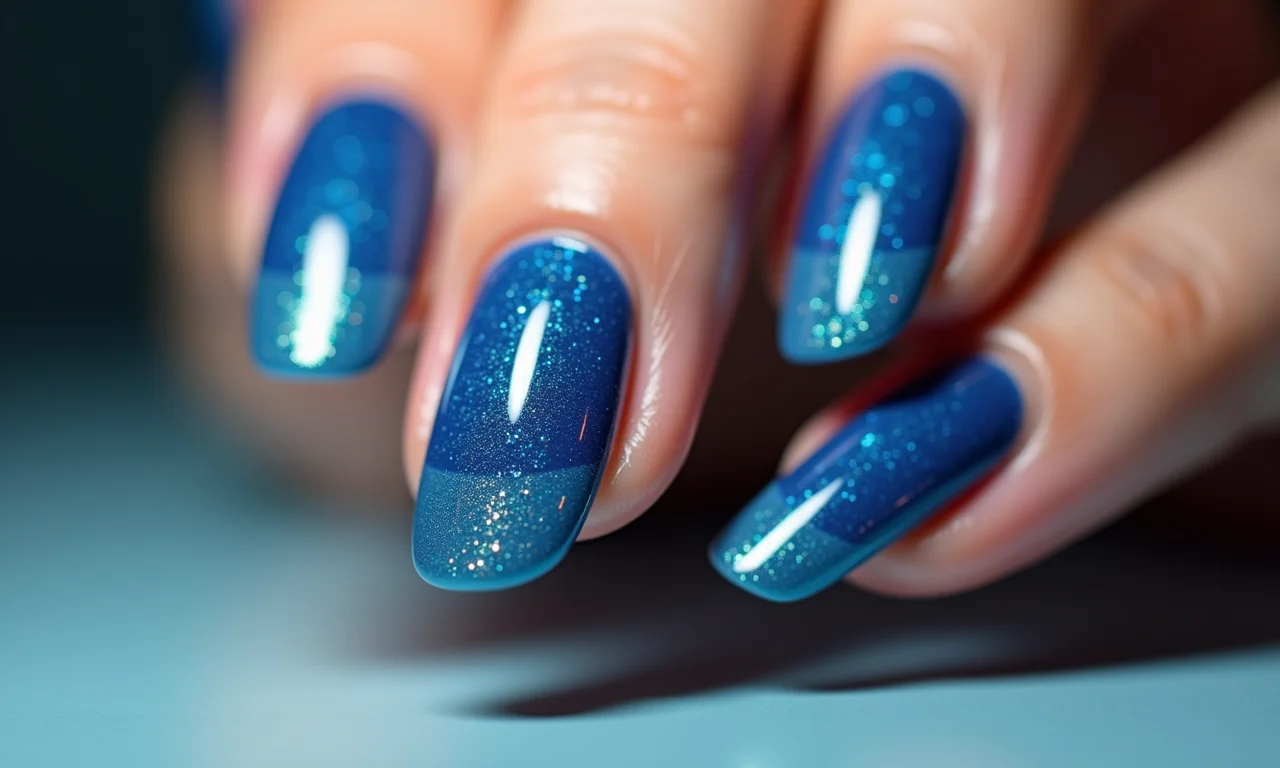 Unhas decoradas em azul com desenhos criativos.