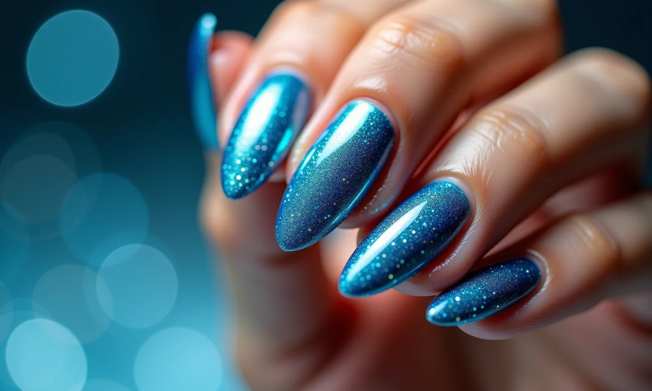 Unhas decoradas em azul com glitter brilhante.