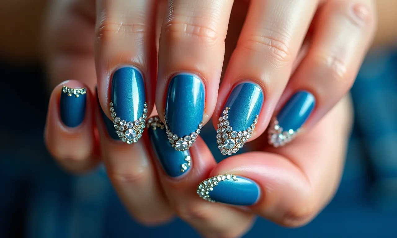 Unhas decoradas em azul com pedrarias elegantes.