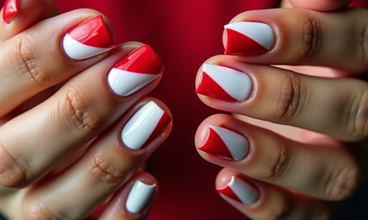 Unhas decoradas em vermelho e branco com diferentes estilos em mãos diversas.