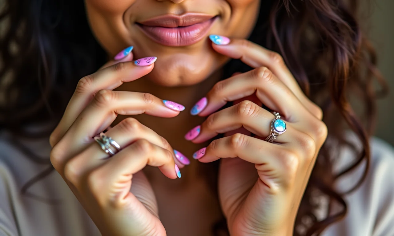 Unhas decoradas estilo patricinha, cores vibrantes.