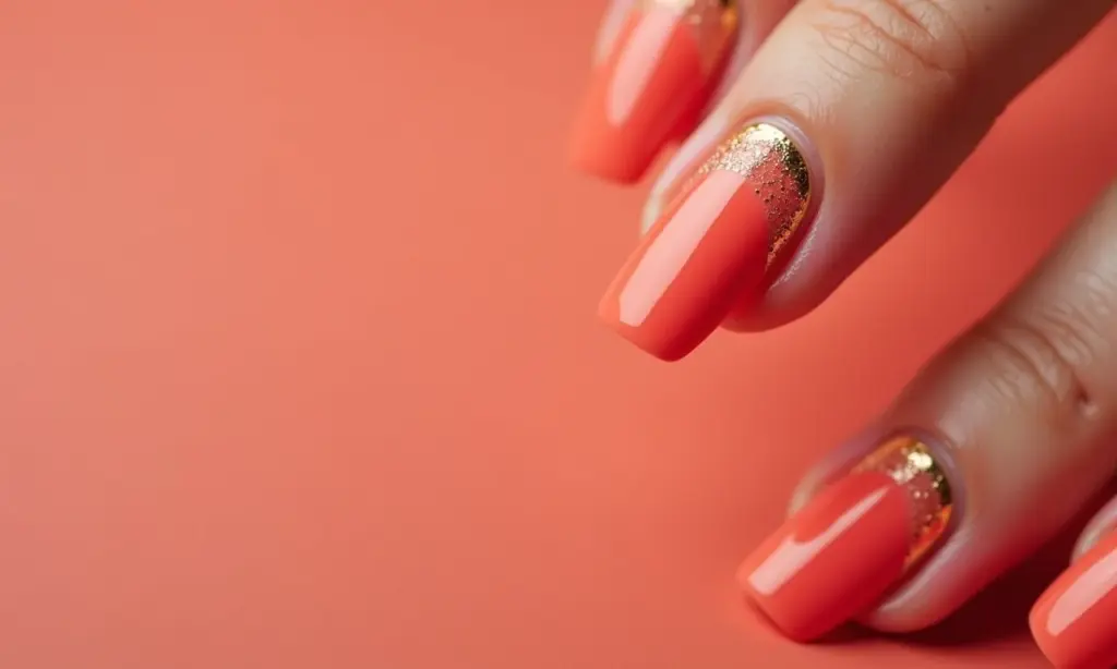 Unhas Decoradas Francesa Reversa: Moderna Variação Unhas decoradas francesa reversa moderna com coral e dourado.