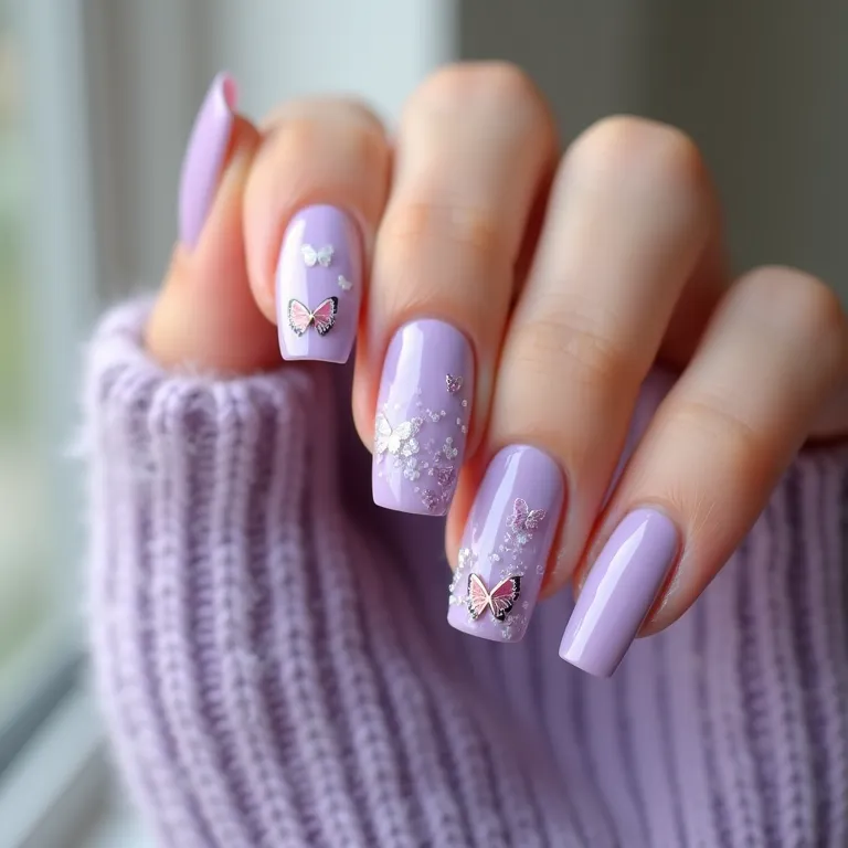 Unhas decoradas lavanda com borboletas, delicadeza e leveza.