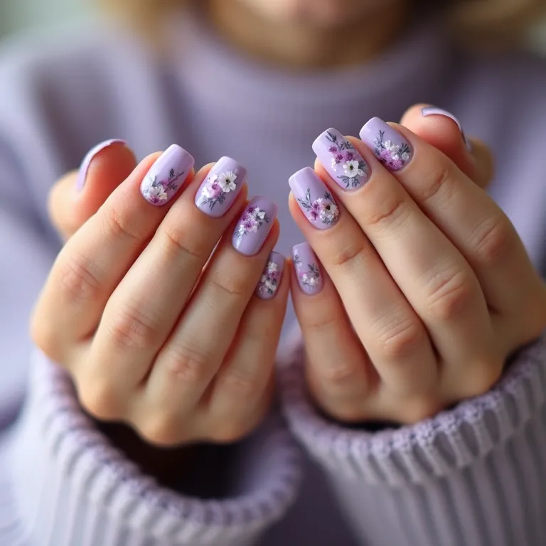 Unhas decoradas lavanda com flores, romantismo em detalhes.