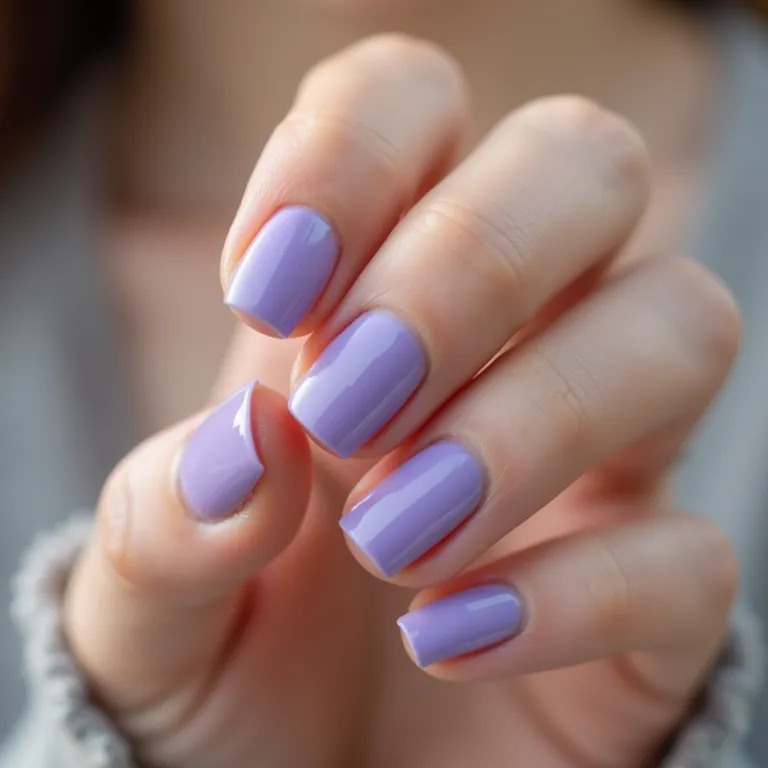 Unhas decoradas lavanda em close-up, cor suave e delicada.