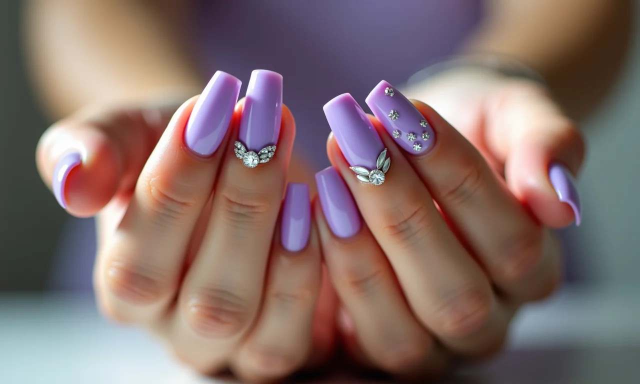 Unhas decoradas lilás com pedras brilhantes em mãos bem cuidadas.