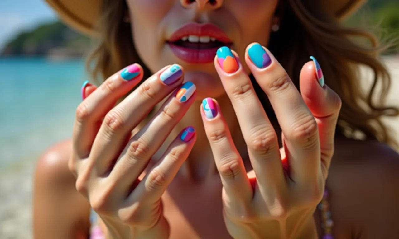 Unhas decoradas meio a meio com cores vibrantes em mãos femininas.