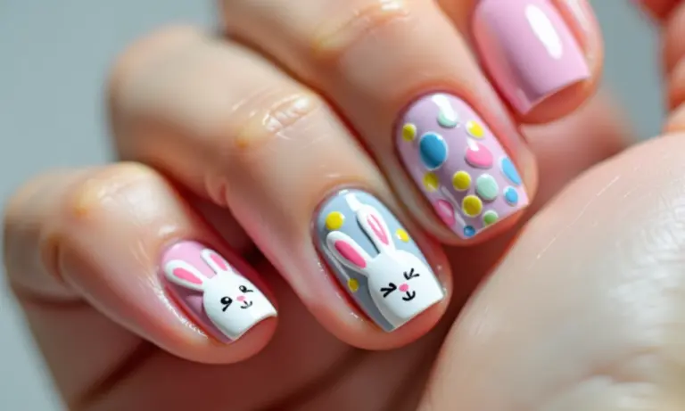 Unhas decoradas para a Páscoa com desenhos temáticos e cores vibrantes.