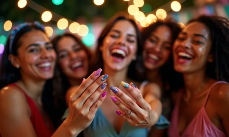 Unhas decoradas para o Ano Novo com cores vibrantes e mulheres brasileiras diversas celebrando.