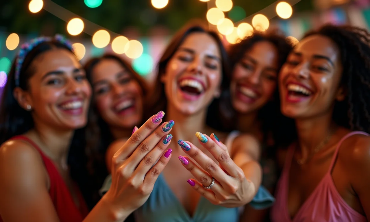 Unhas decoradas para o Ano Novo com cores vibrantes e mulheres brasileiras diversas celebrando.