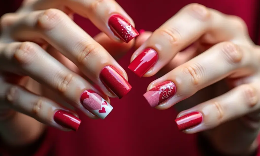 Unhas decoradas para o Dia dos Namorados com tema romântico.