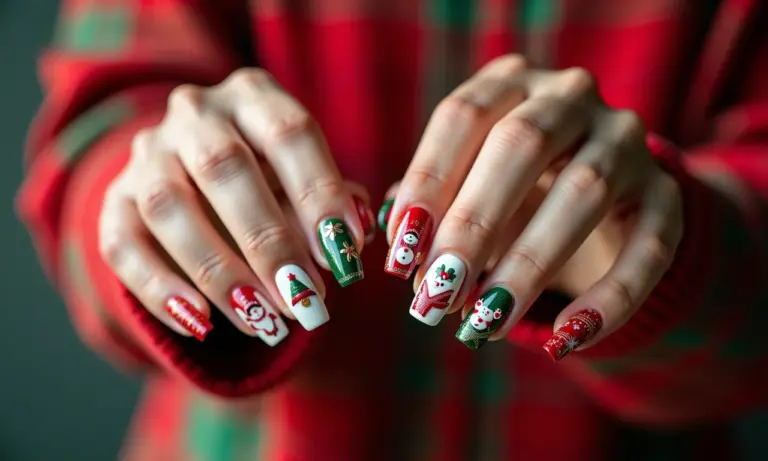 Unhas decoradas para o Natal com design festivo e cores vibrantes.
