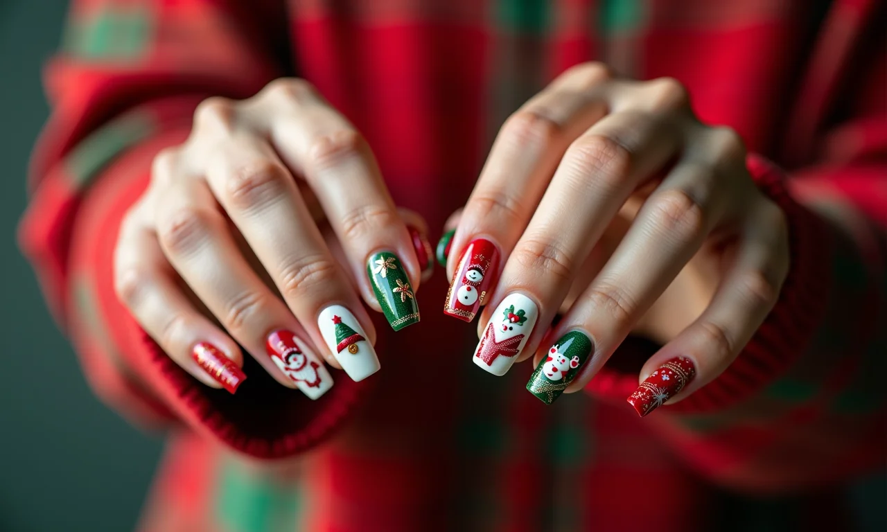 Unhas decoradas para o Natal com design festivo e cores vibrantes.