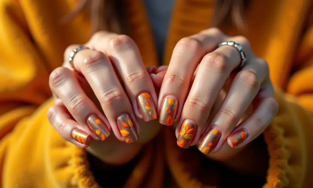 Unhas decoradas para o outono com cores quentes e diversos designs.