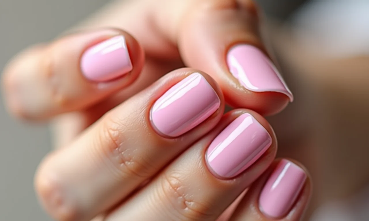Unhas decoradas rosa bebê, delicadas e suaves.