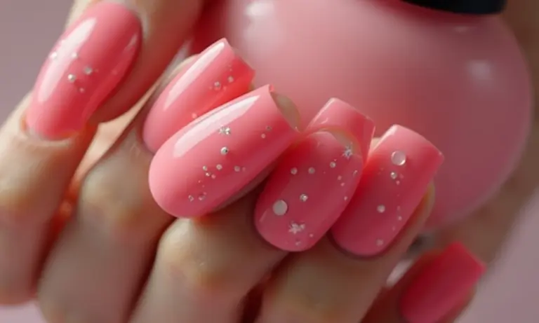 Unhas decoradas rosa encapsuladas com efeito de profundidade.