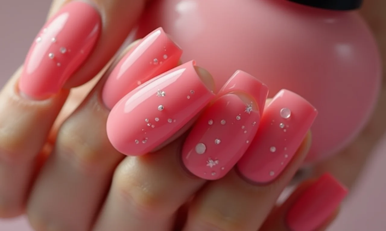 Unhas decoradas rosa encapsuladas com efeito de profundidade.
