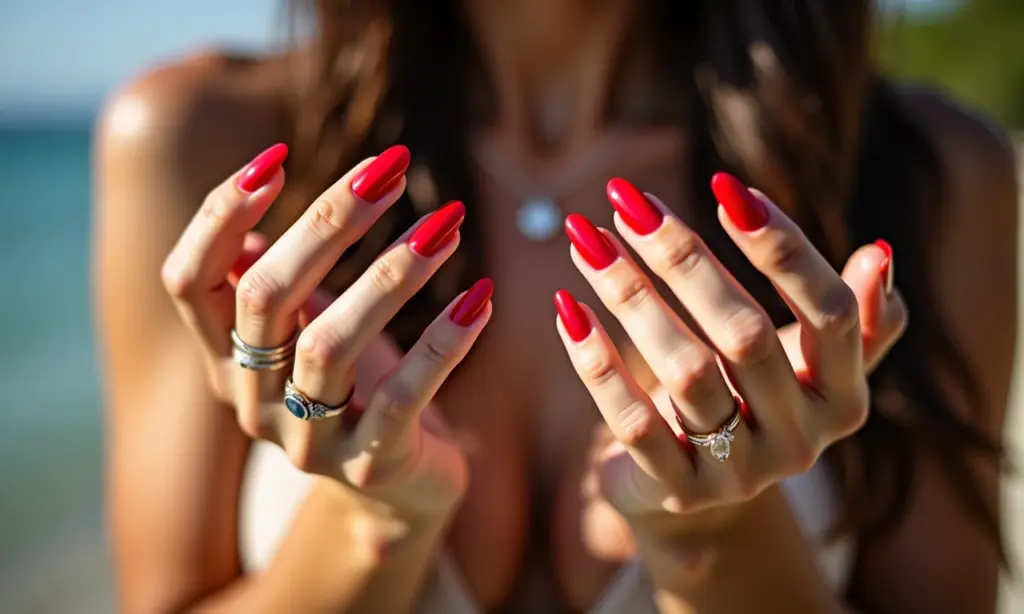 Unhas decoradas vermelhas, mãos femininas com anel delicado.
