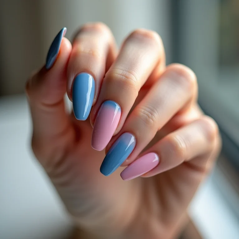 Unhas degradê azul e rosa