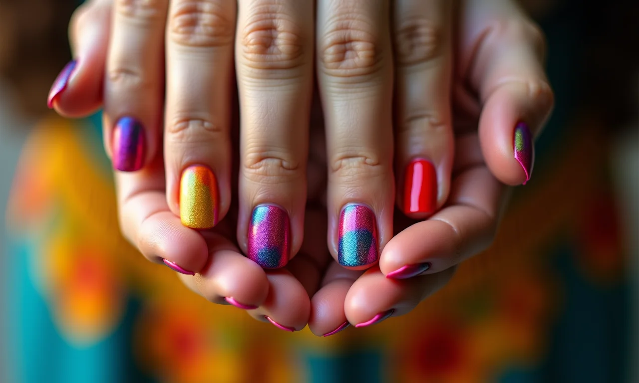 Unhas degradê com cores de Carnaval.