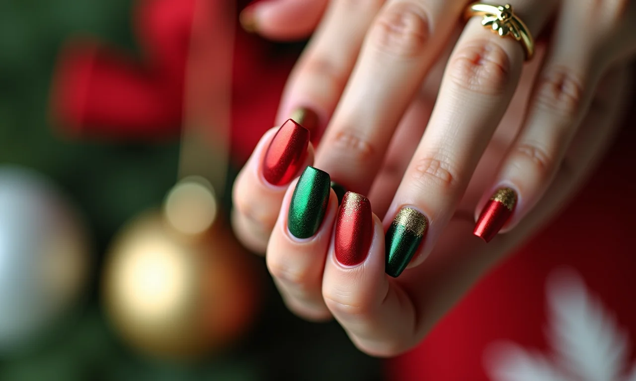 Unhas degradê com cores natalinas para decoração festiva.