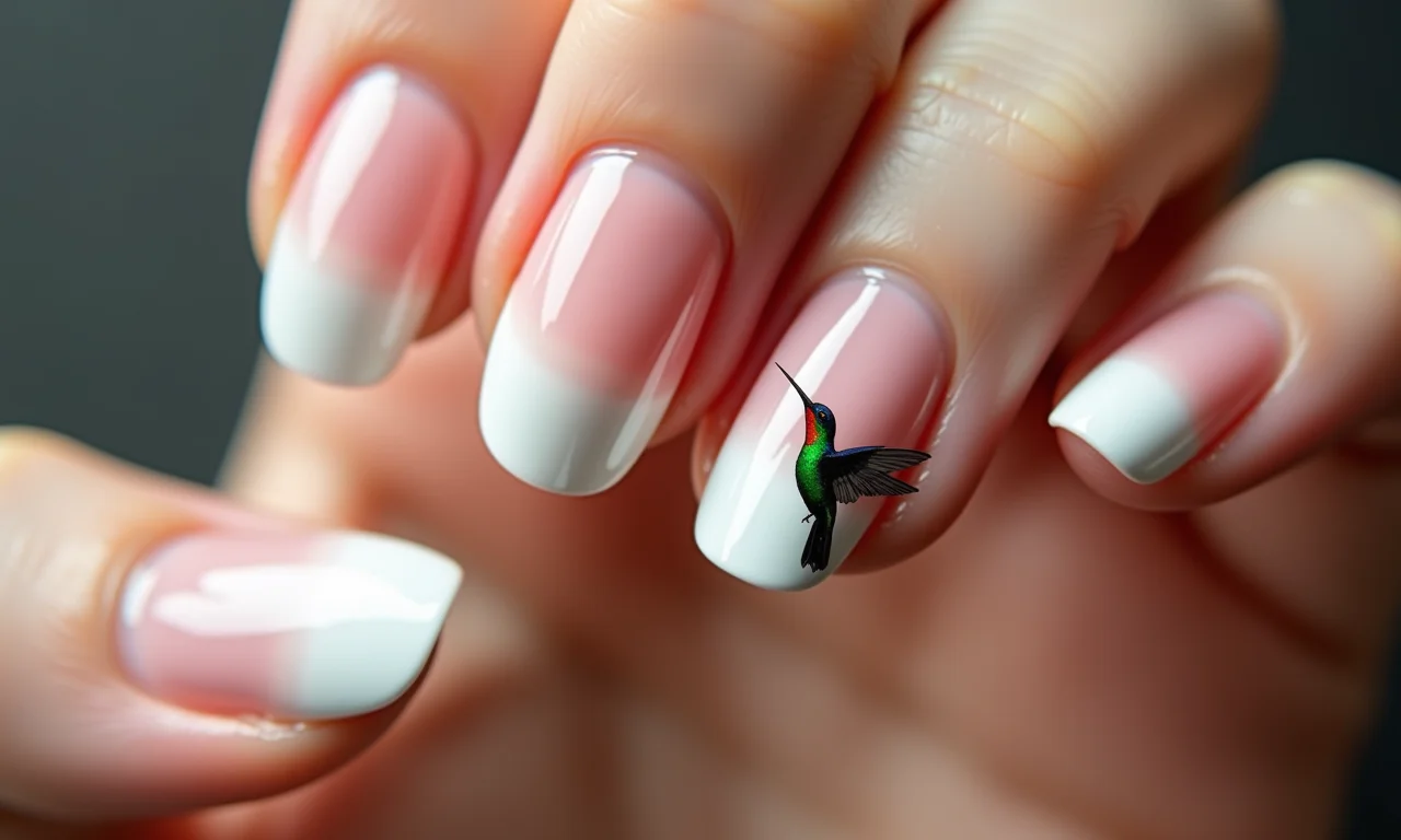 Unhas degradê com detalhe de beija-flor.