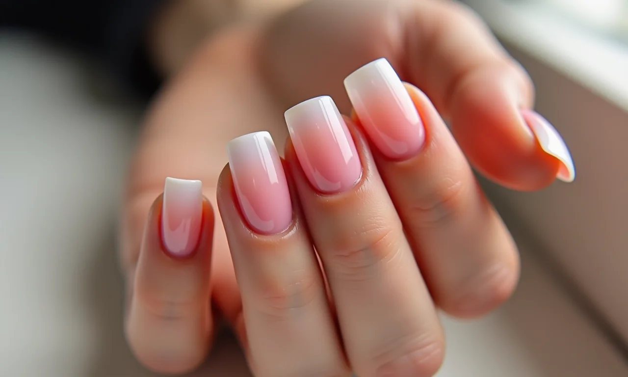 Unhas degradê em unhas de fibra de vidro quadradas.