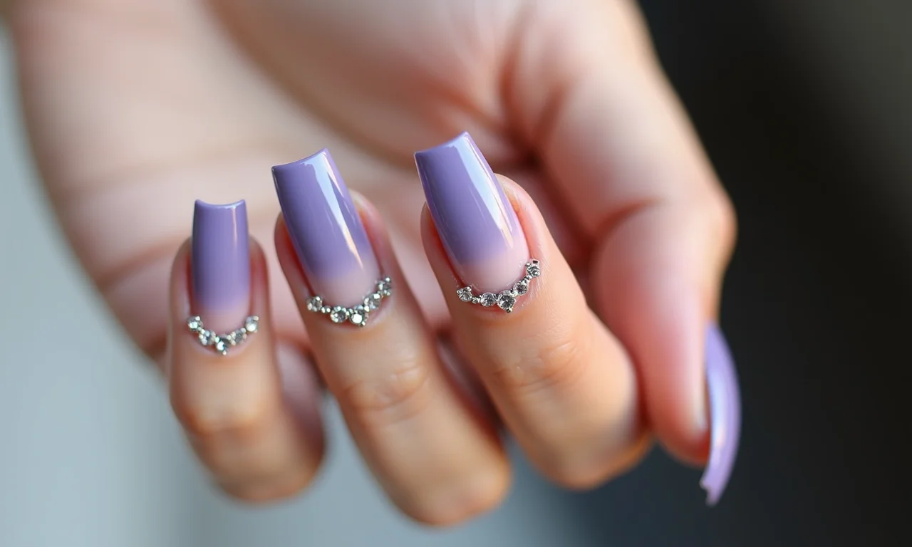 Unhas degradê lilás com pedras na base, transição suave de tons.