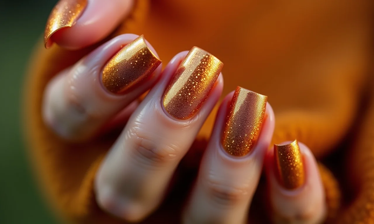 Unhas douradas e cobre: brilho e glamour na medida certa.