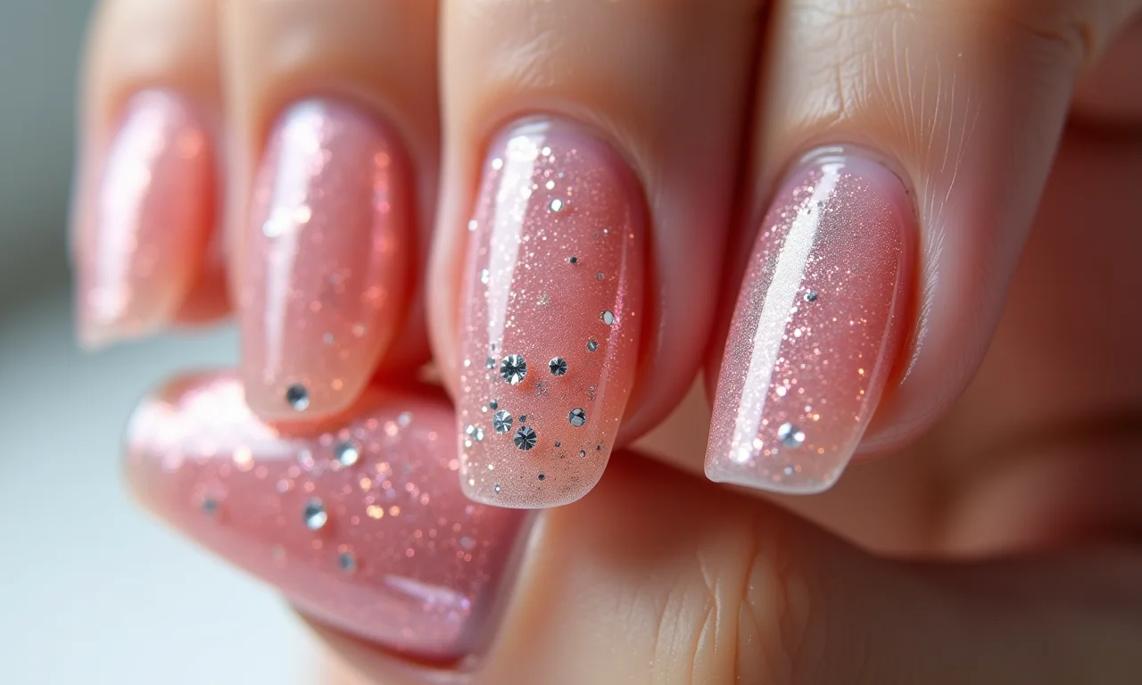 Unhas em gel com glitter e pedrarias delicadas.